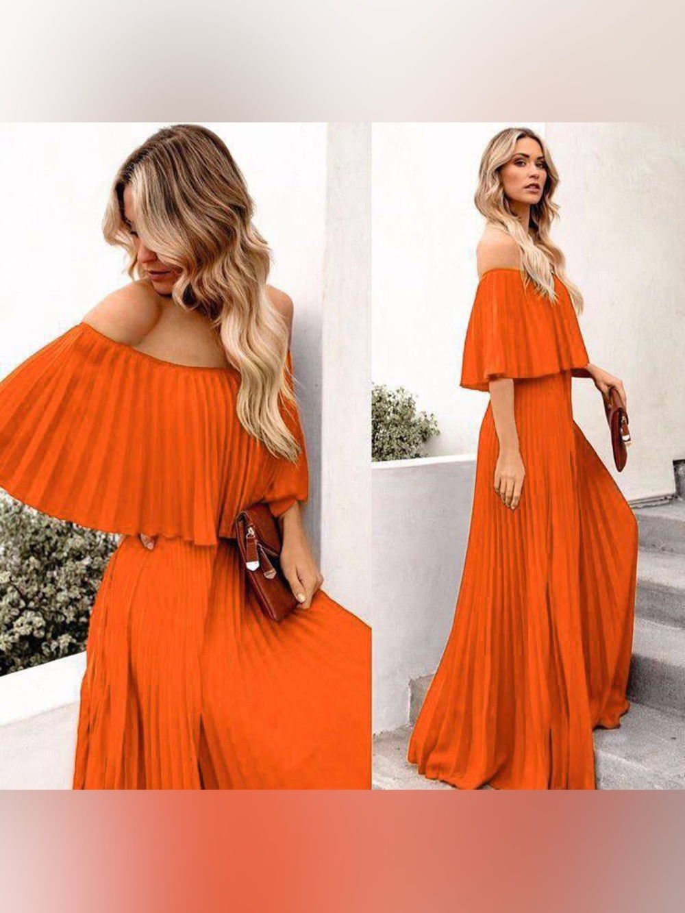 Off-Shoulder Pleated Maxi Dress in Vibrant Orange
